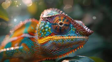 Captivating Close-Up of a Vibrantly Colored Chameleon Amidst Lush Greenery in Soft Morning Light photo