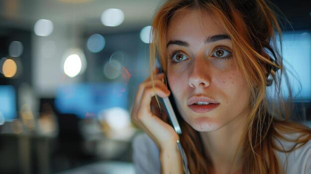 Captivating Young Woman Engaged in a Thoughtful Phone Conversation While Working Late at a Modern Office Space photo