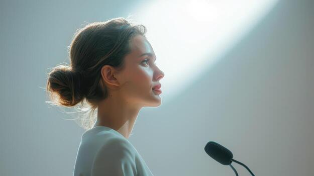 Inspiring Young Speaker Illuminated by Light During Empowering Speech at a Community Event photo