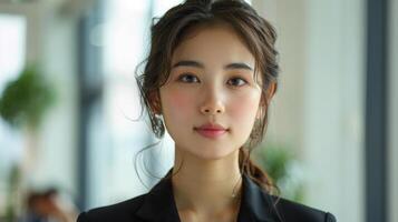 Elegant Young Professional Woman Posing Confidently in Modern Office Setting During Afternoon Hours photo