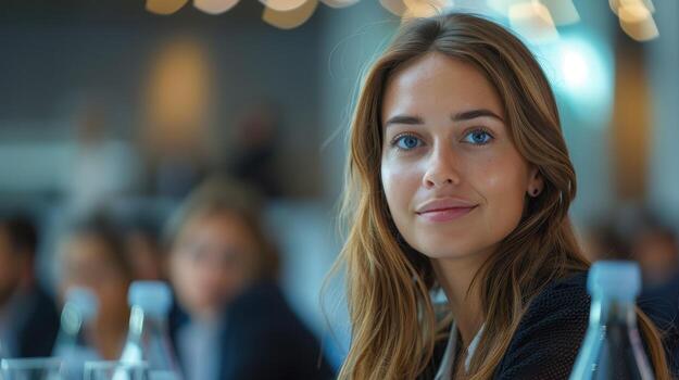 Engaging Young Woman Smiling During Conference Networking Event in Modern Venue photo