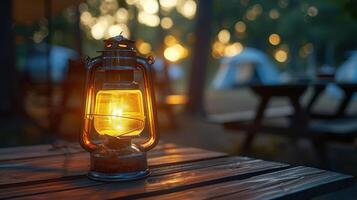 Warm Glow of Vintage Lantern Illuminates Campsite at Sunset Amidst Tall Trees and Whispering Breezes photo