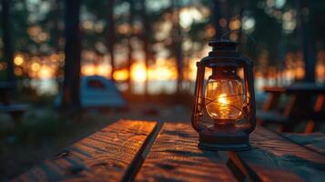 Illuminated Lantern Casting Warm Glow Over Rustic Table at Sunset in Serene Forest Campsite photo