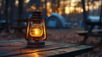 Golden Lantern Illuminates Rustic Campsite at Dusk Surrounded by Trees and Tents in Autumn photo