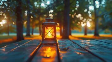 Golden Glow of a Lantern Illuminating a Tranquil Evening in the Park Surrounded by Lush Trees photo