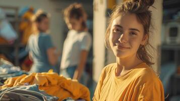Joyful Young Woman Volunteering at Community Center During Evening Light in Summer photo