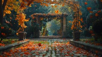 Golden Autumn Leaves Dancing in the Gentle Breeze Along a Cobblestone Pathway at Dusk in a Serene Garden photo