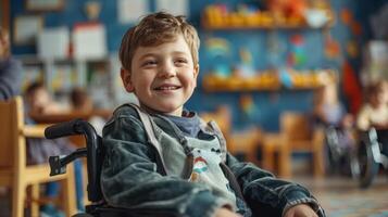 Joyful Child in a Wheelchair Engaging With Friends in a Colorful Classroom photo