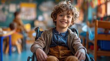 A Joyful Child in a Wheelchair Smiling in a Vibrant Kindergarten Classroom During a Sunny Day photo