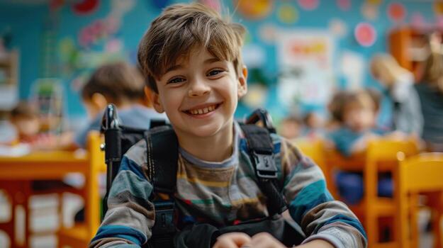 Joyful Child Engaged in Creative Activities at Brightly Colored Classroom During Afternoon Hours photo
