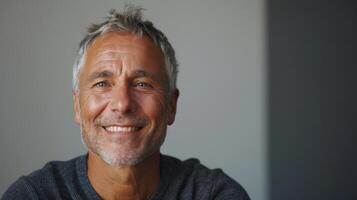 Smiling Older Man With Gray Hair Enjoying a Cozy Indoor Afternoon in a Well-Lit Modern Space photo