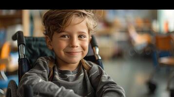 Joyful Child in a Classroom Setting Embracing Life From a Wheelchair With a Bright Smile photo
