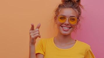 Cheerful Young Woman Posing in Yellow Sunglasses Against Colorful Background in Bright Summer Setting photo