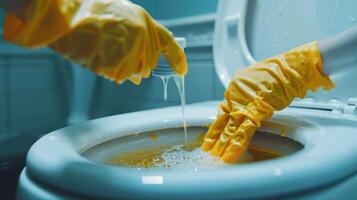 Hands Wearing Yellow Gloves Pouring Cleaner Into a Toilet in a Dimly Lit Bathroom photo