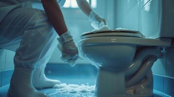 Cleaning A Restroom Toilet With Careful Attention To Detail At A Local Facility During The Day photo