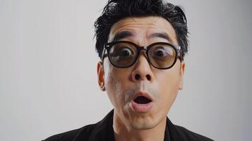 Surprised Expression of a Man With Glasses in a Bright Studio During a Creative Photoshoot photo