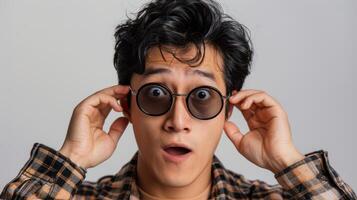 Surprised Young Man in Stylish Sunglasses Expresses Astonishment Against a Minimalist Background photo
