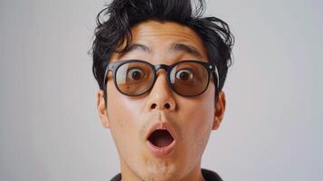 Surprised Young Man in Stylish Glasses Captured in a Bright Room During Daylight photo