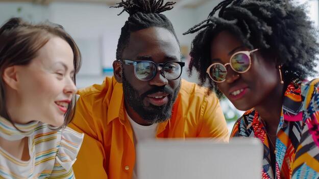 Three Friends Enthusiastically Collaborate on a Creative Project in a Bright, Modern Workspace During a Sunny Afternoon photo