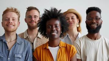 Diverse Group of Friends Smiling Together in Bright Indoor Space on a Sunny Day photo
