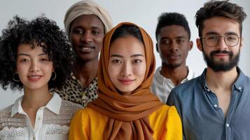 Diverse Group of Young Adults Smiling Together in a Bright Studio Setting During Daylight Hours photo
