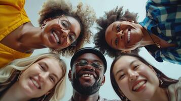 Joyful Diverse Group of Friends Smiling Together in Bright Outdoor Setting During a Sunny Afternoon photo