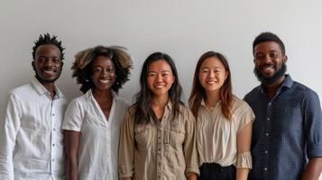 Diverse Group of Five Friends Posing Together in Bright Indoor Space During Afternoon Gathering photo