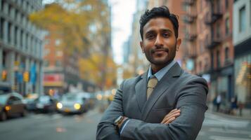 Confident Businessman Posing on a Bustling City Street During Autumn Afternoon photo