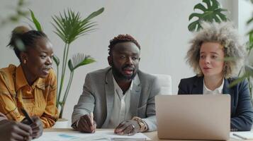 Diverse Team Engaged in Animated Collaboration at Bright Office Space During Afternoon Meeting photo