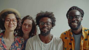 A Joyful Gathering of Friends in Vibrant Attire Sharing Laughter and Connections in a Casual Indoor Setting photo
