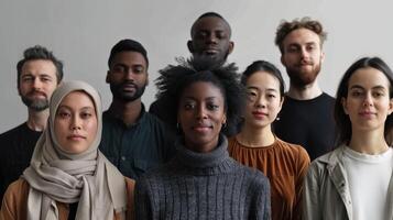 Diverse Group of Individuals Posing Together in a Neutral Studio Setting During Daylight Hours photo