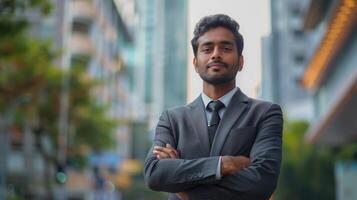 Confident Business Professional Posing in Urban Center During Bright Daylight Hours photo