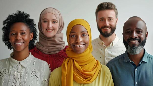 Diverse Group of Friends Smiling Together in a Bright Studio During Spring photo