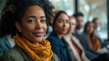 Engaging Woman in a Yellow Scarf at a Dynamic Group Discussion in a Bright Modern Conference Room photo