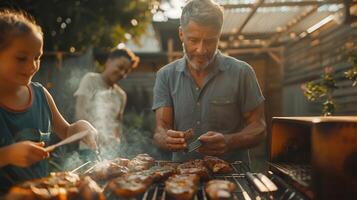 Family Barbecue Gathering in a Sunlit Backyard With Delicious Grilled Meats and Joyful Memories Being Made photo