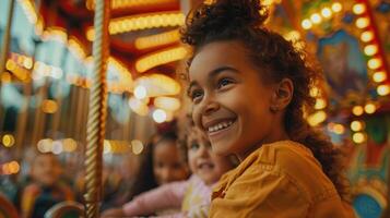 Joyful Children Riding a Colorful Carousel at an Amusement Park During Sunset photo