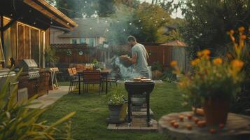 Joyful Summer Evening Barbecue Gathering in a Lush Backyard With Friends and Family Enjoying Grilled Delicacies Under String Lights photo