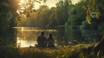 Romantic Sunset By Tranquil Lake As Two Lovers Enjoy Nature's Embrace On A Warm Summer Evening photo