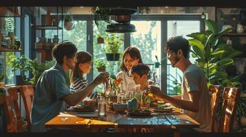 Family Reunion Over a Joyful Dinner Gathering in a Cozy Indoor Garden Setting photo