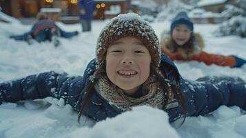 Children Joyfully Playing in a Snowy Winter Wonderland at a Cozy Cabin Retreat photo