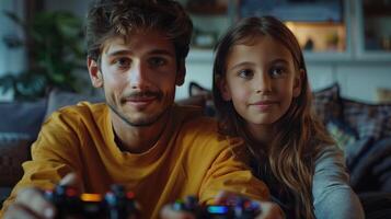 Joyful Sibling Gaming Night Together in a Cozy Living Room on a Weekend Evening photo