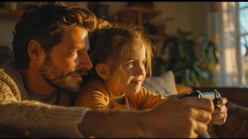 Joyful Family Bonding Moment While Playing Games at Home During Golden Hour photo