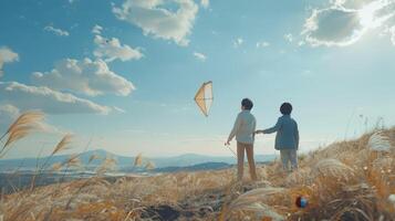Joyful Children Flying a Colorful Kite on a Scenic Hilltop During a Bright Summer Afternoon photo