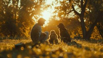 A Warm Sunset Gathering of a Person and Their Beloved Dogs in a Tranquil Outdoor Setting photo