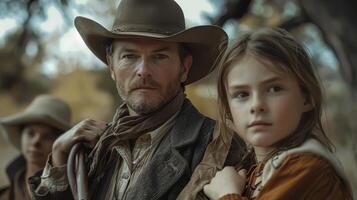 Cowboy Father and Daughter Embrace Adventure in the Wild West at Golden Hour photo