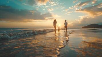 Family Enjoys a Serene Sunset Walk Along the Tranquil Beach Shoreline With Their Beloved Dog photo