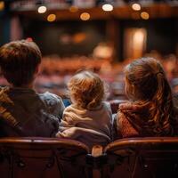 Three Children Enjoying a Magical Theatre Performance Together in a Cozy Venue on a Dazzling Evening photo