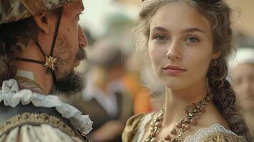 Captivating Interactions Between Historical Characters at a Vibrant Renaissance Festival in Late Afternoon Light photo