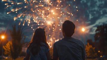 Celebrating Independence Day With Spectacular Fireworks Over a Serene Evening Landscape photo