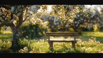 Tranquil Wooden Bench Surrounded by Blooming Apple Trees in a Sunlit Meadow During Spring photo